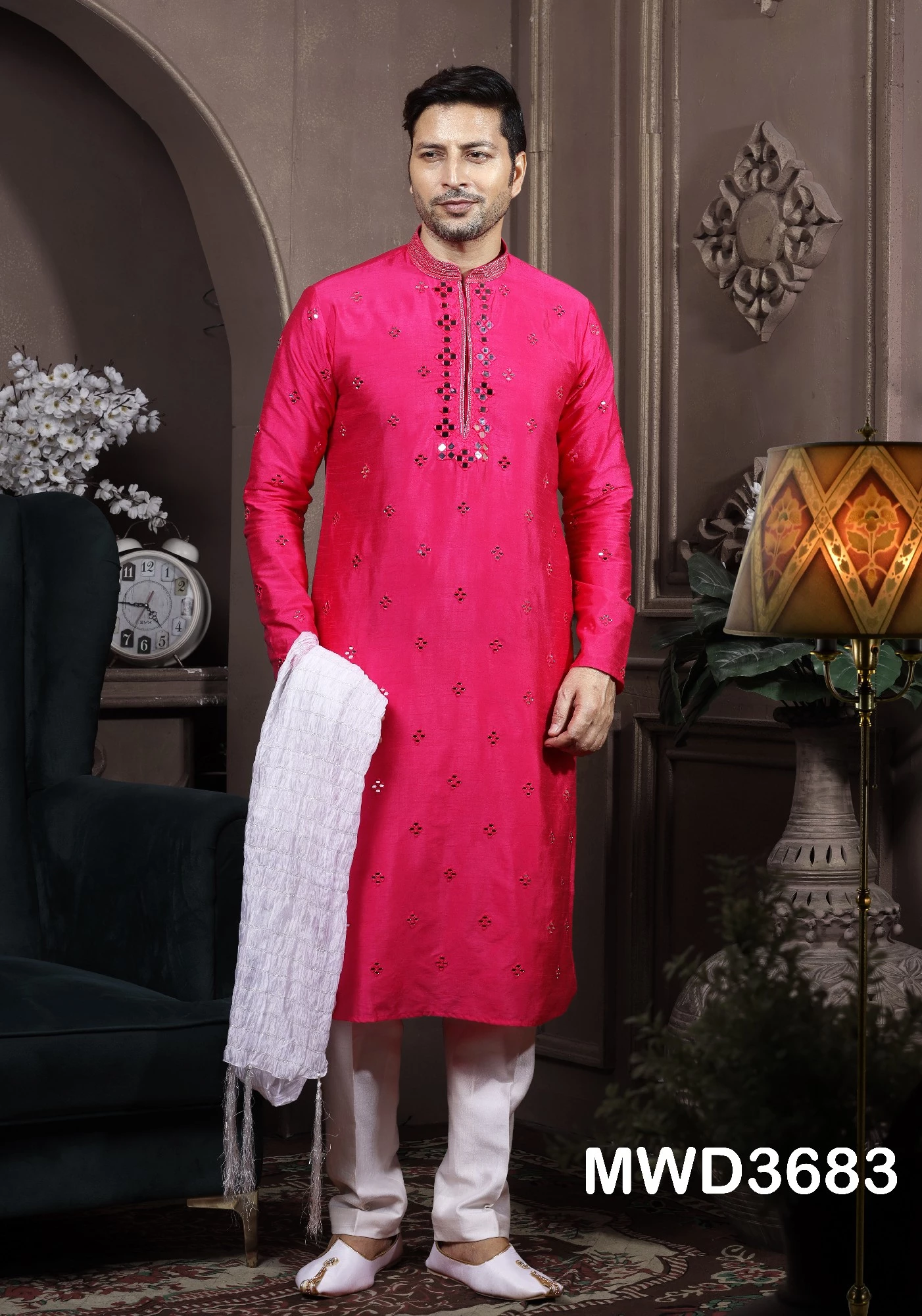 Pink Mirror Work Readymade Silk Kurta Pyjama, 36-1.webp